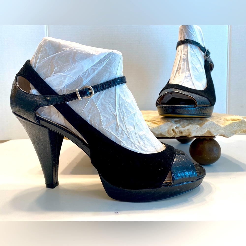 Franco Sarto Sulu Black Sueded Leather Snake Print Peep Toe Platform Pumps Sz 10